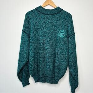 Vintage Teal Chunky Knit Sweater Mens Medium Embroidered Colorful Cozy Winter